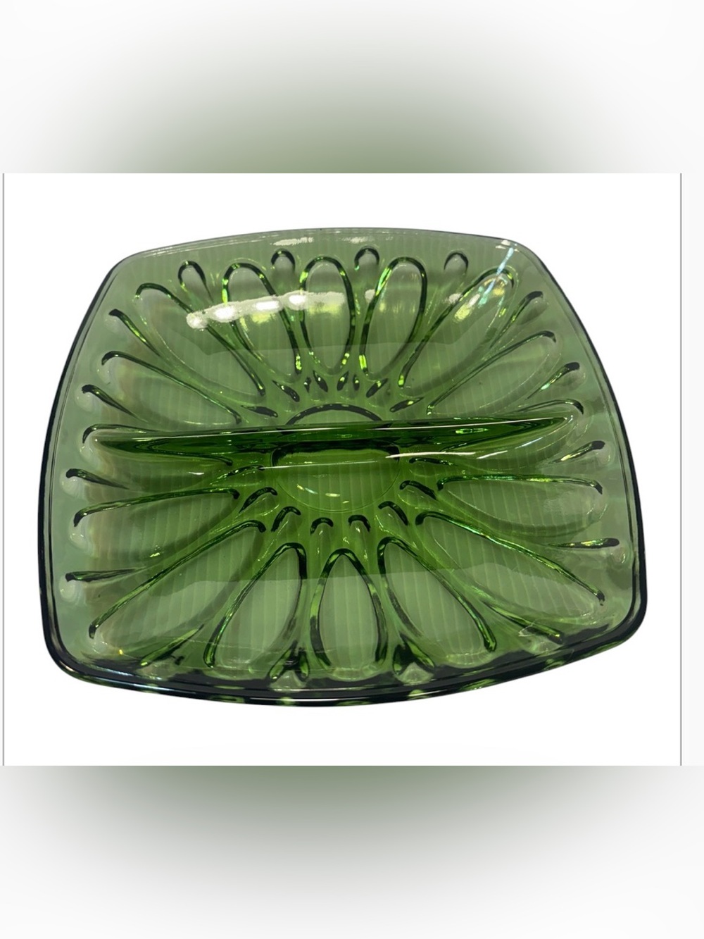 vintage Mid-Century Modern avocado green glass divided relish, candy, jew dish